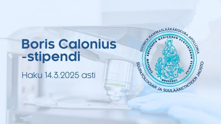 Boris Calonius -stipendi haettavana 14.3.2025 asti jaoton logo ja taustalla mikroskooppi